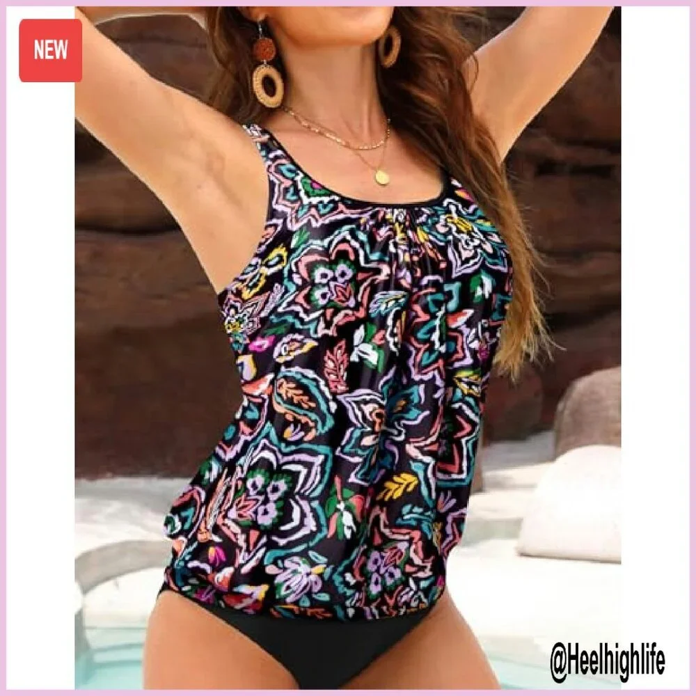 Blouson Tankini Top Loose Fit Modest Swimwear Adjustable Straps - Picture 4 of 8
